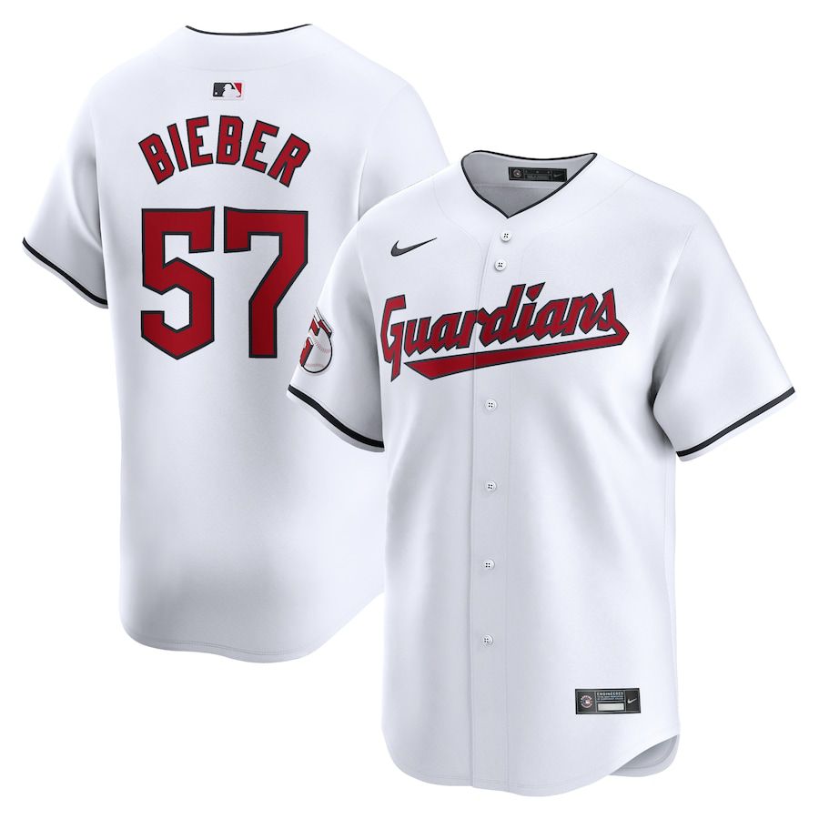 Men Cleveland Guardians #57 Shane Bieber Nike White Home Limited Player MLB Jersey->->
